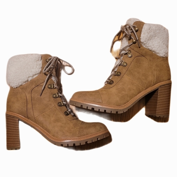 Nine West Penni Tan Chunky Heel Boots with Sherpa Fur Collar And Tongue - Picture 3 of 5